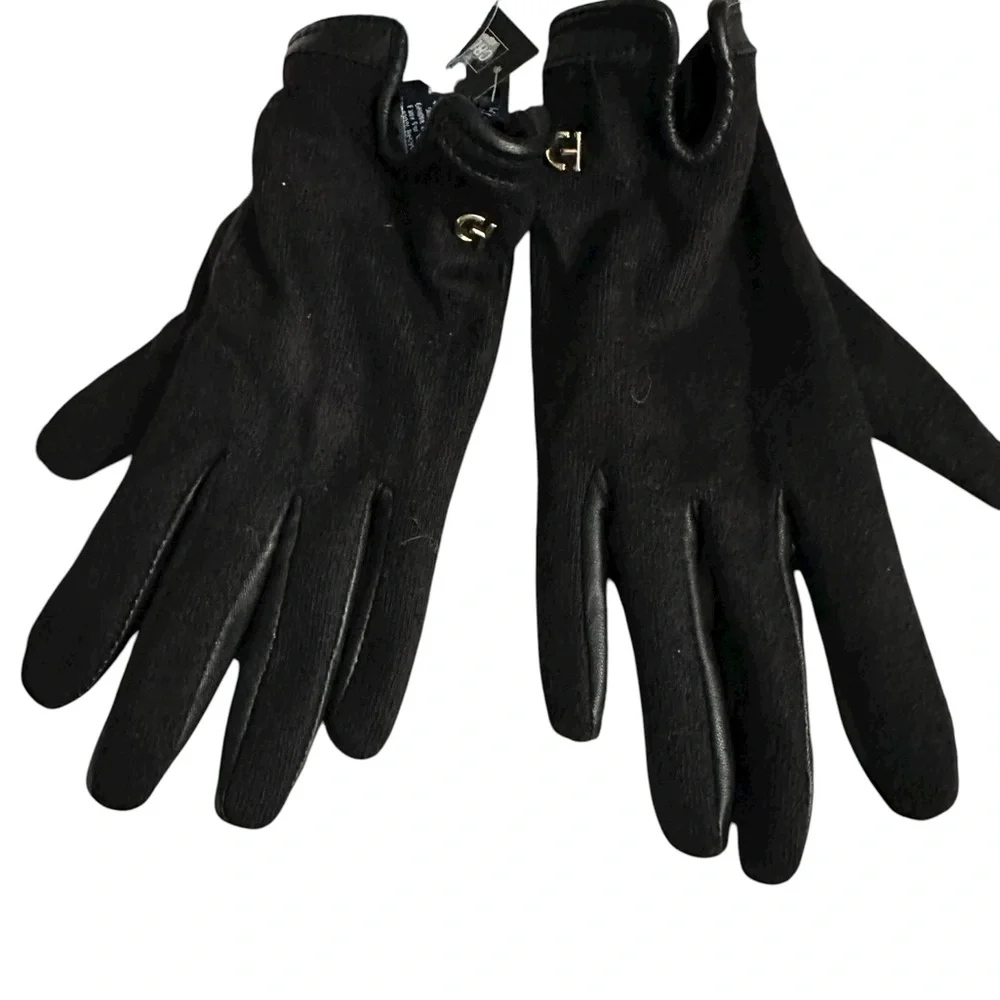 Cole Haan Woven Backed Gloves TOUCHSCREEN Leather Glove in Black MEDIUM NWT